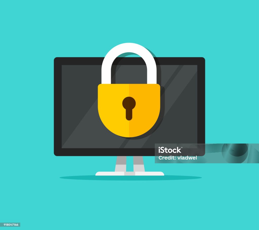 Computer security vector illustration, flat cartoon desktop pc with closed lock, concept of firewall protection, privacy access, private data, safety service or system Computer security vector illustration, flat cartoon design desktop pc with closed lock, concept of firewall protection, privacy access, private data, safety service or system Lock stock vector