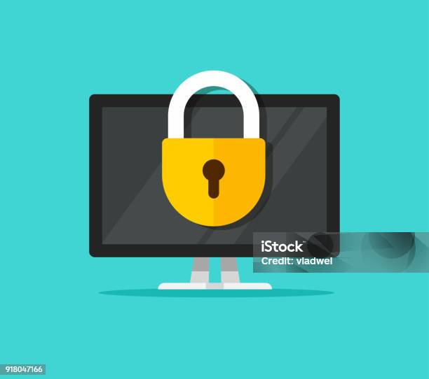 Computer Security Vector Illustration Flat Cartoon Desktop Pc With Closed Lock Concept Of Firewall Protection Privacy Access Private Data Safety Service Or System Stock Illustration - Download Image Now