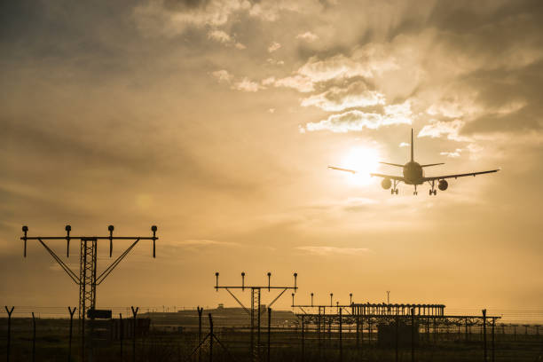 istock Airplane landing at dusk. 918049818
