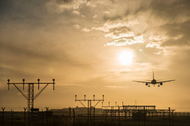 istock Airplane landing at dusk. 918049830