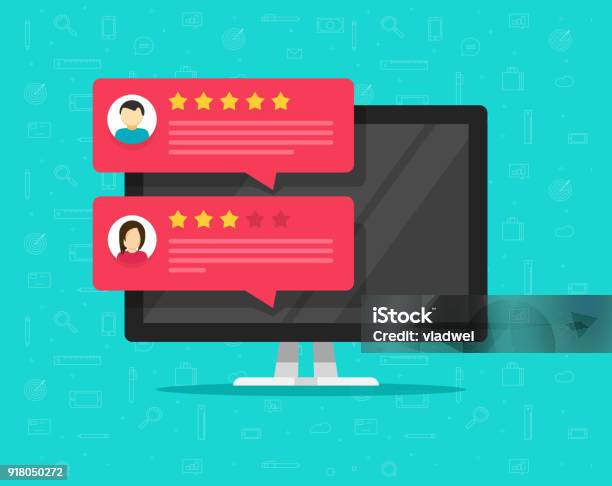 Computer And Customer Review Rating Messages Vector Illustration Flat Desktop Pc Display With Online Reviews Or Client Testimonials Concept Of Experience Or Feedback Rating Stars Survey Comments Stock Illustration - Download Image Now