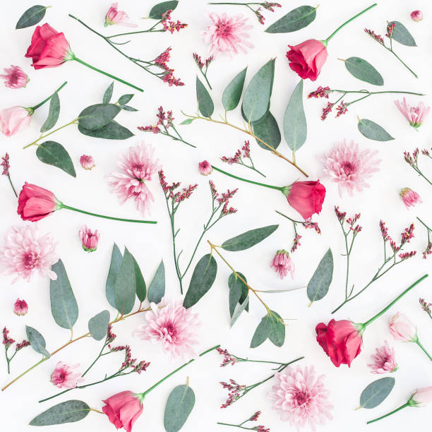 istock Pink flowers and eucalyptus branches. Flat lay, top view 918052056
