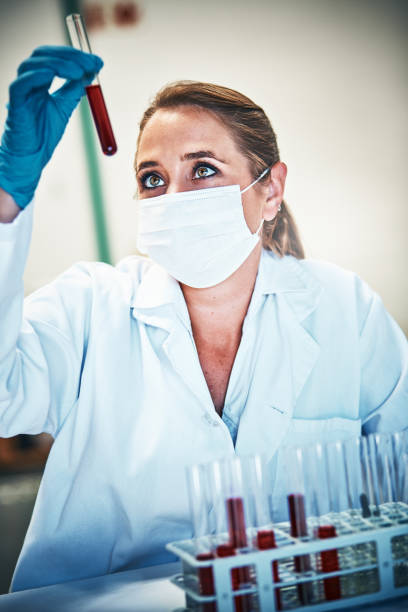 kobieta naukowiec patrzy na próbkę krwi w probówce - blood sample blood tube pathologist zdjęcia i obrazy z banku zdjęć