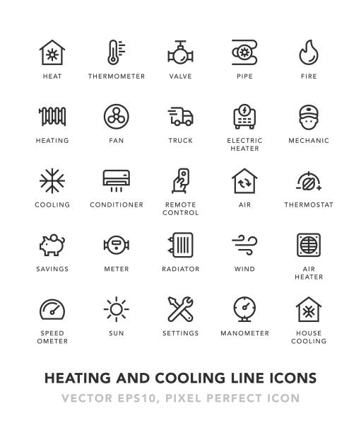 ilustraciones, imágenes clip art, dibujos animados e iconos de stock de calefacción y refrigeración de los iconos de línea - boiler natural gas heat equipment