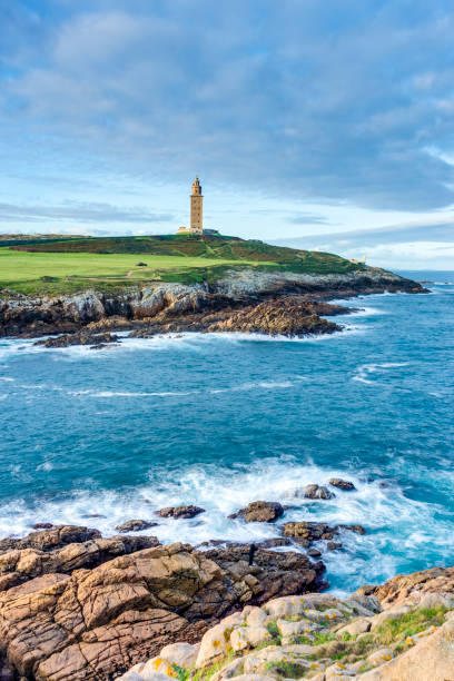 Tower of Hercules in A Coruna, Galicia, Spain. Tower of Hercules, the almost 1900 years old and rehabilitated in 1791 55 metres tall structure is the oldest Roman lighthouse in use today and overlooks the Atlantic coast of Spain from A Coruna. a coruna province stock pictures, royalty-free photos & images