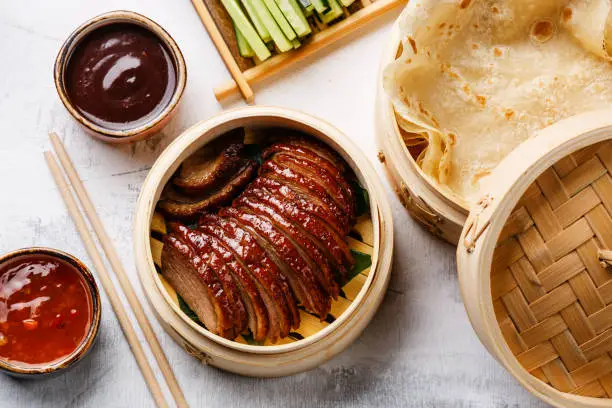 Sliced Peking Duck in bamboo steamer served with fresh cucumber, green onions, cilantro and roasted wheaten chinese pancakes with sauce Hoysin on white background