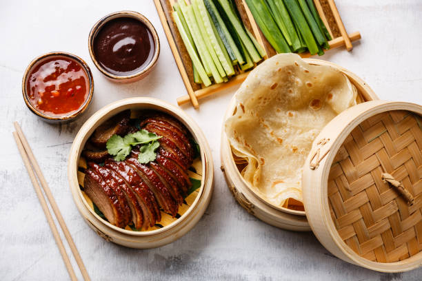 istock Sliced Peking Duck and cilantro in bamboo steamer 918057078