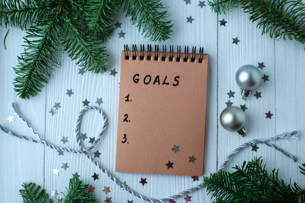 istock A Notepad on a wooden table near the Christmas tree. Notebook to 918057150