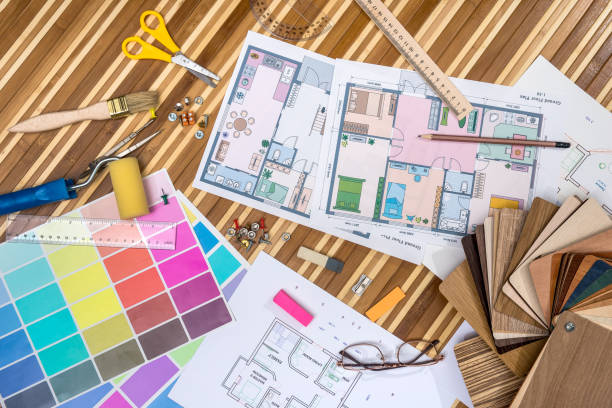 istock Architectural blueprint with wooden or paper samples and draw tools 918057802