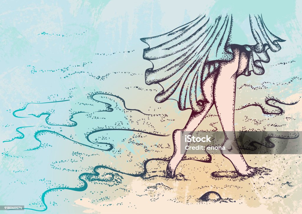 Female legs walking on beach Hand drawn vector illustration. Female legs walking on a sandy beach on a grunge background. Comic style Beach stock vector