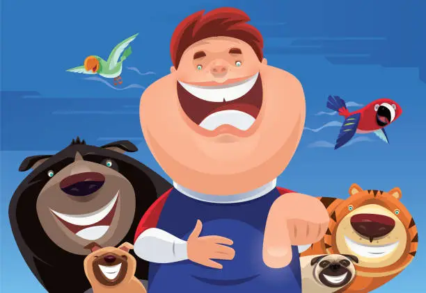 Vector illustration of happy kid looking and pointing with pets