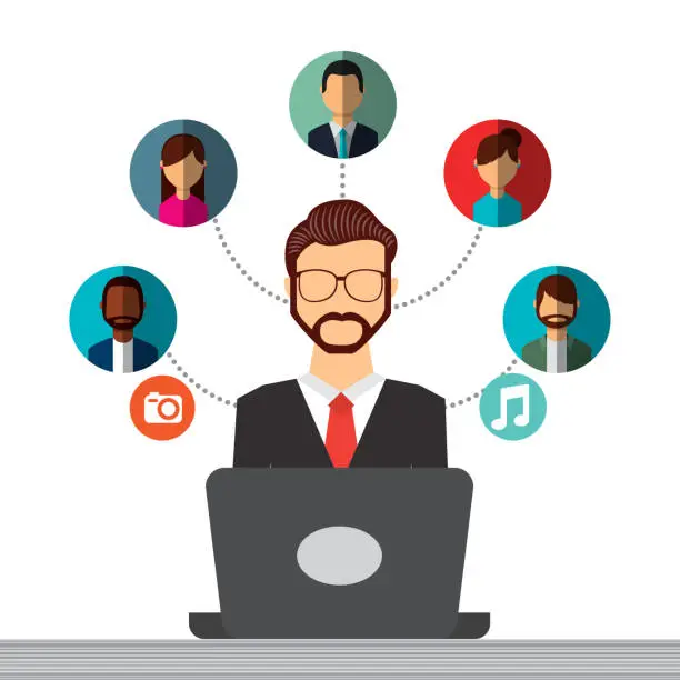 Vector illustration of businessman sitting with laptop nad different people talking social media concept