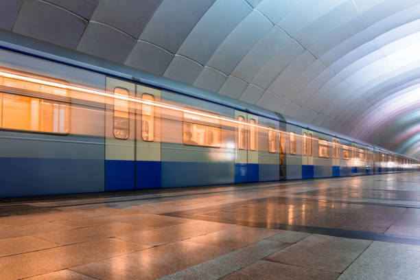 istock Subway metro train arriving at a station 918069354