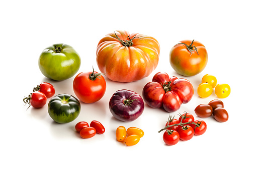 Many different ripe tomatoes on white background, flat lay