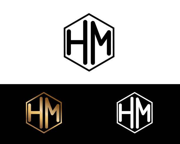HM hexagon shape letters Design HM hexagon shape gold black silver color letters Design hm logo stock illustrations
