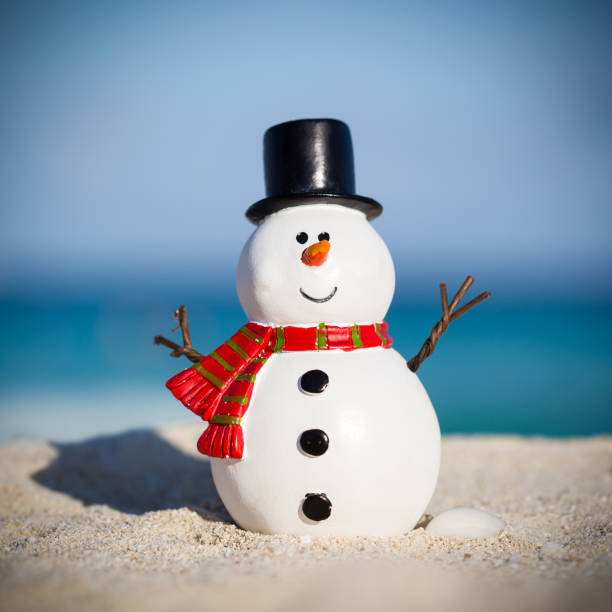 istock Snowman toy on white sandy beach 918079694