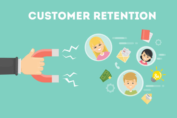Customer retention concept. Customer retention concept. Hand with magnet tries to appeal clients. customer retention stock illustrations