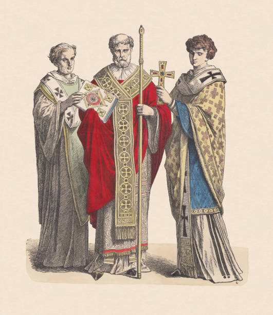 Byzantine deacon, bishop, and levite. Hand colored wood engraving, published c. 1880.