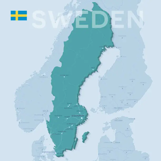 Vector illustration of Map of cities and roads in Sweden.