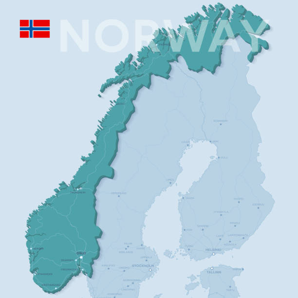 Map of cities and roads in Norway. 3d map of cities and roads in Europe. Countries and their neighbors. bergen stock illustrations