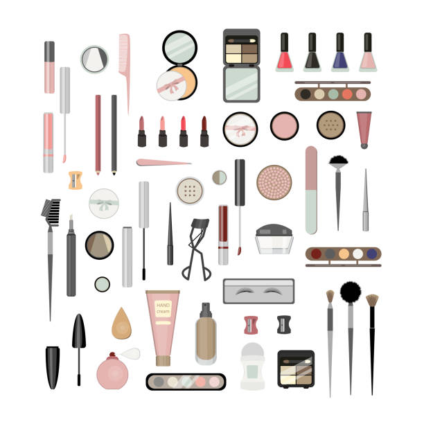 ilustraciones, imágenes clip art, dibujos animados e iconos de stock de conjunto de artículos de cosmética. - make up brush face powder make up isolated