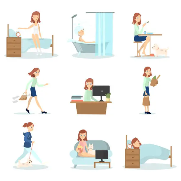 Vector illustration of Woman daily routine.