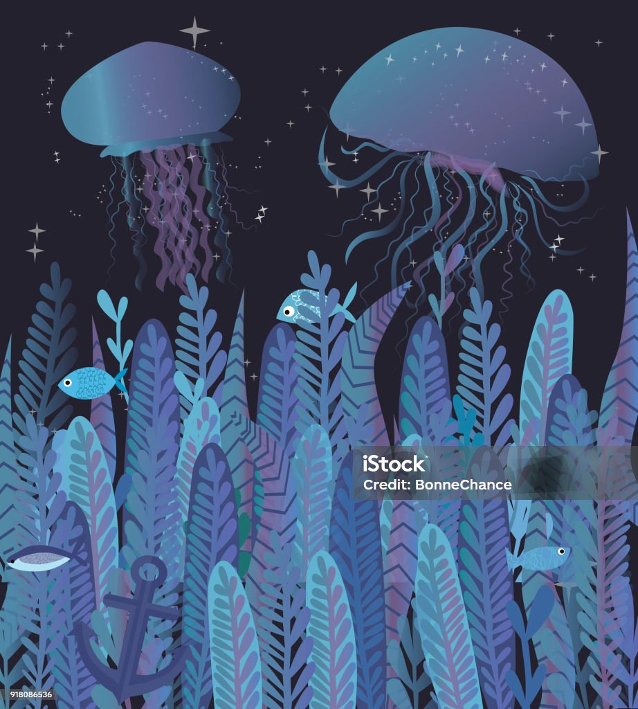 Colorful Illustration With Underwater Life And Jellyfish Ocean ...