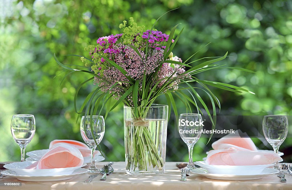 Fine Banquet Table Setting With Bouquet  Garden Party Stock Photo