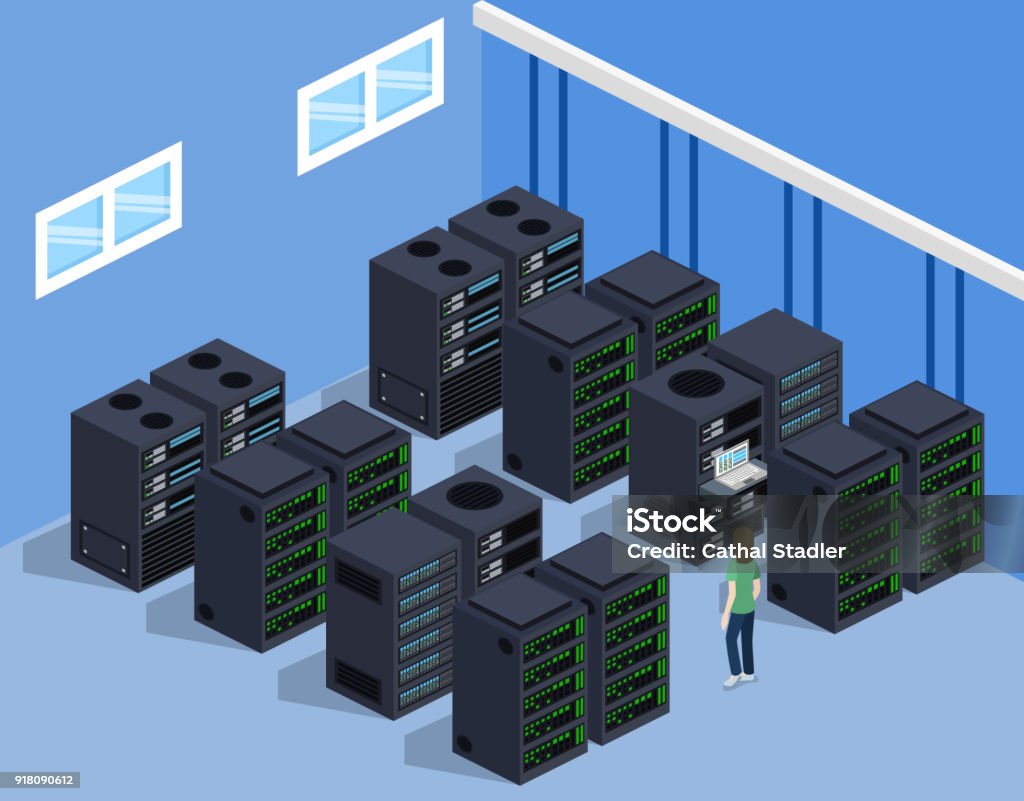 Isometric 3D vector illustration concept server room data center Network Server stock vector