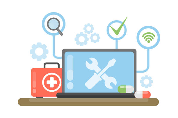 writing toolkit clipart Computer repair concept. Computer repair concept. Computer screen with working tools. toolbox stock illustrations