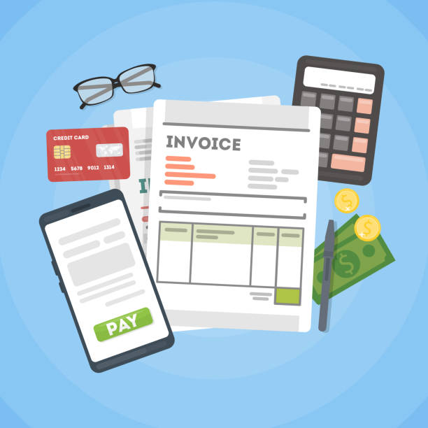 Invoice concept illustration. Invoice concept illustration. Invoice documents with calculator, mpney and cards. financial bill illustrations stock illustrations