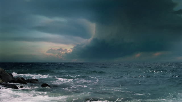 Video background. Supercell thunderstorm, sea storm with multiple lightning flashes.