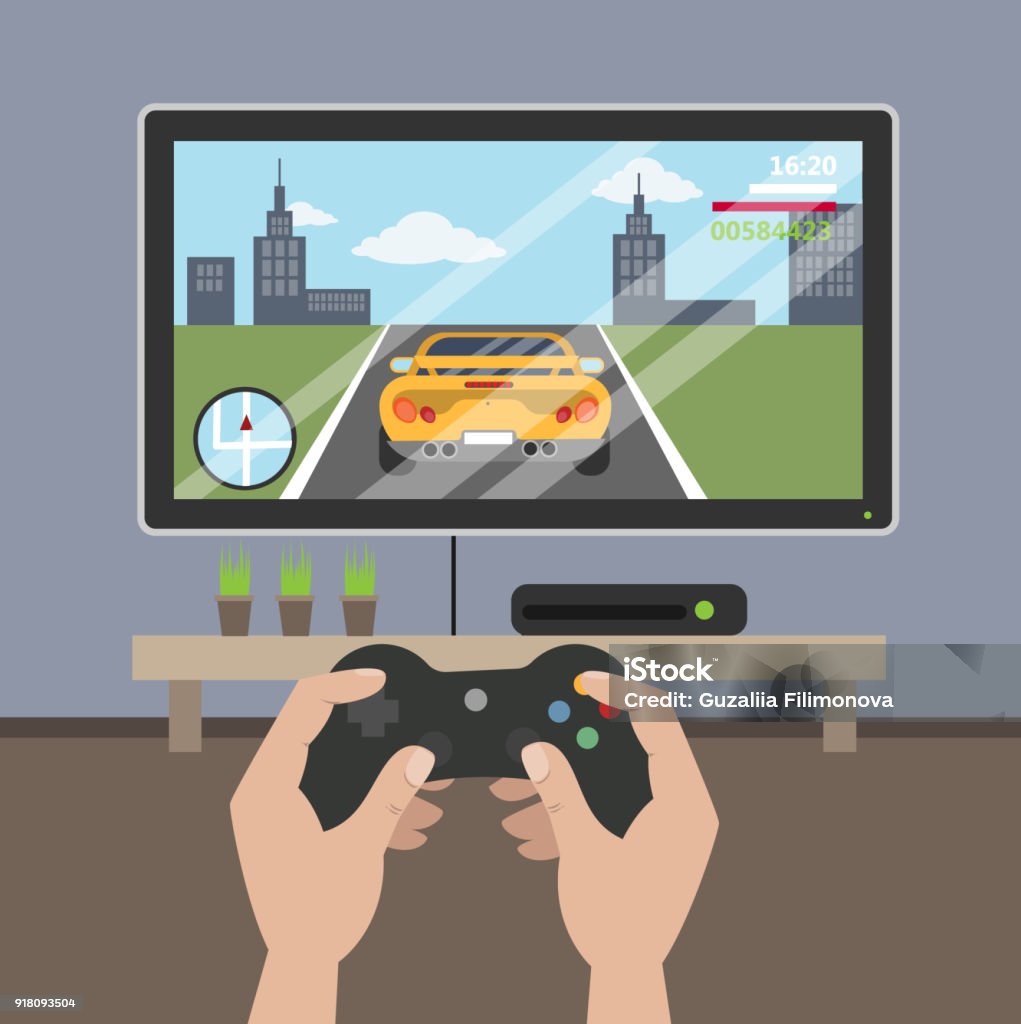 Playing racing videogame. Playing racing videogame on tv play station with gamepad. Video Game stock vector