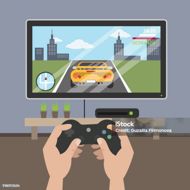 Playing Racing Videogame Stock Illustration - Download Image Now - Video Game, Playing, Leisure Games