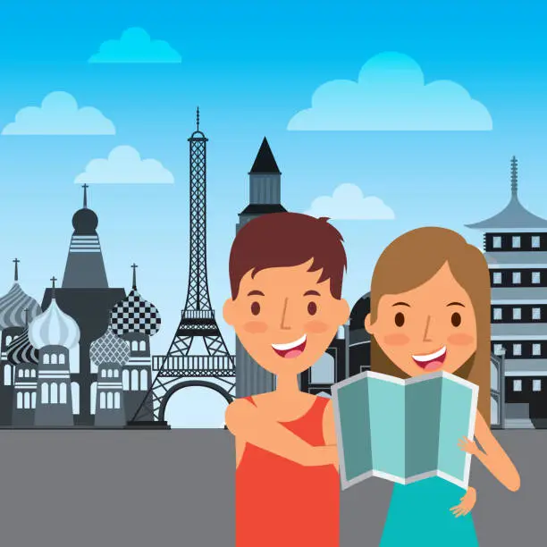 Vector illustration of travelers couple tourist with map vacations monuments background