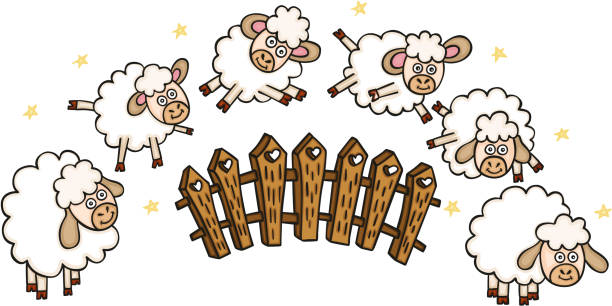 Set of sheeps with a fence Scalable vectorial representing a set of sheeps with a fence, illustration isolated on white background. rail fence stock illustrations