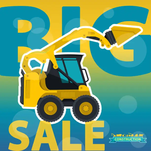 Vector illustration of Big excavator sale. Bagger discount background. Design template. Digger label.
