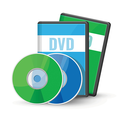 DVD digital video discs and cases for storage, versatile optical disc round shape format vector illustration isolated on white background, recordable media