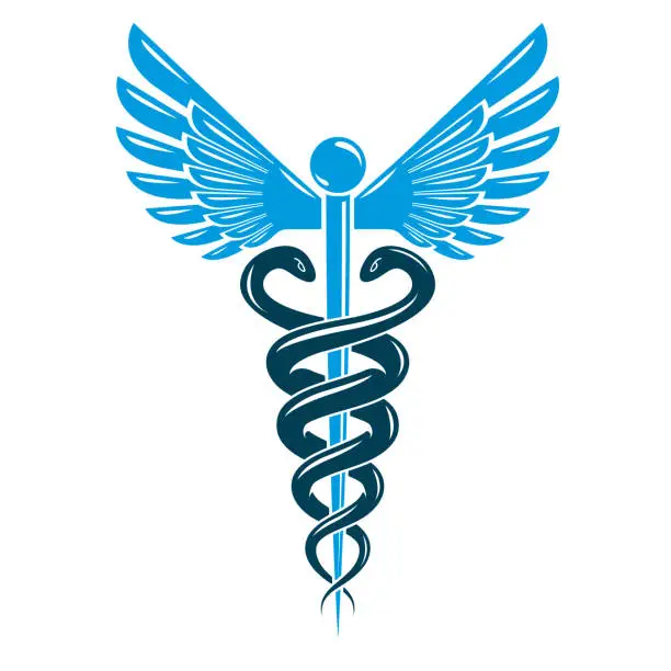 Vector illustration of Caduceus symbol made using bird wings and poisonous snakes, healthcare conceptual vector illustration.