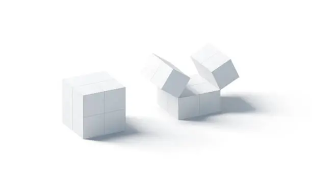 Photo of Blank white promotional magic cube mock up, isolated
