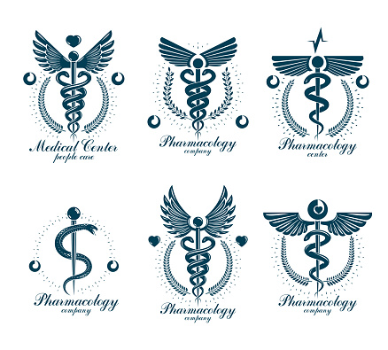 Set of vector Caduceus types can be used in cardiology, rehabilitation and as medical clinic emblems.