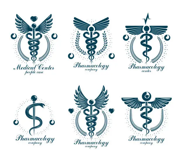 Vector illustration of Set of vector Caduceus types can be used in cardiology, rehabilitation and as medical clinic emblems.