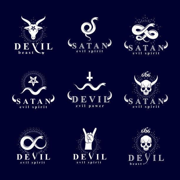 Set of vector demonic infernal mystic symbols created using poisonous snakes, horned wicked dead head symbols, pagan pentacles and goats with 666 numbers as illustration of Lucifer. Set of vector demonic infernal mystic symbols created using poisonous snakes, horned wicked dead head symbols, pagan pentacles and goats with 666 numbers as illustration of Lucifer. satan goat stock illustrations
