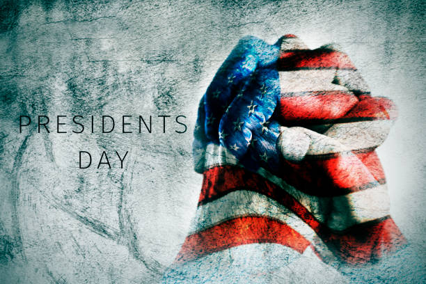 the clasped hands of a young man, patterned with the flag of the United States, and the text presidents day with a textured effect