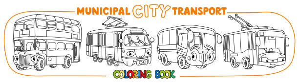 Funny small city transport with eyes coloring book Bus, trolley or trolleybus, tram, and London double-decker bus. Small funny vector cute cars with eyes and mouth. Coloring book set for kids. Children vector illustration coach bus stock illustrations