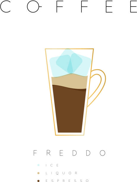 Poster coffee freddo white Poster coffee freddo with names of ingredients drawing in flat style on white background freddo cappuccino stock illustrations