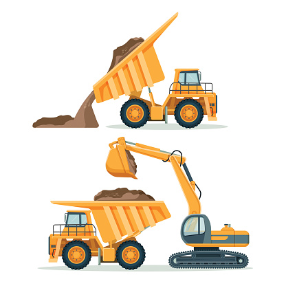 Dump truck with body full of soil and modern excavator. Load and unload process of big yellow industrial vehicle isolated cartoon flat vector illustrations set.