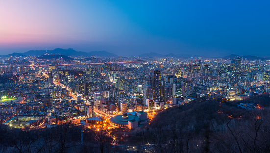 A high angle view of the Republic of Korea's capital city, Seoul.