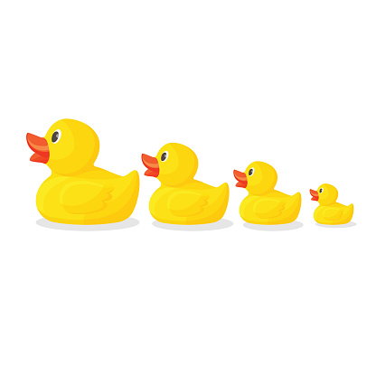 Adorable rubber ducks in row from big to small. Bright yellow birds with red beaks to have in bathroom isolated cartoon flat vector illustrations set.