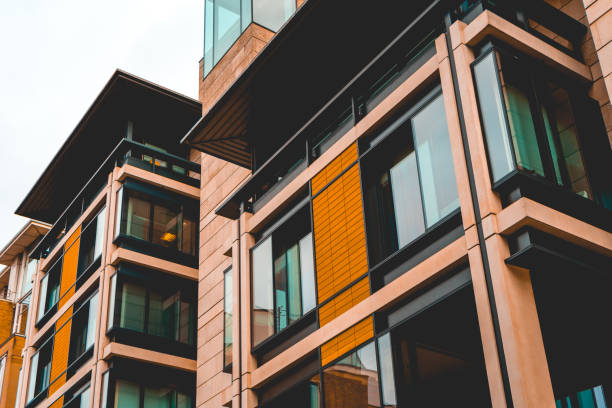 detailed view of modern orange apartment facade